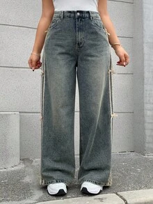 Dazy Tall Curve Contrast Color Patchwork Webbing Bow Decor Loose Wide Leg Denim Girls Clothing Denim Long Pants All Season Tall Plus Size Jeans Fall - Light Wash - View 3