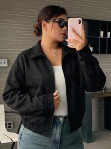 Dazy Plus 春秋新款做舊皮革短版情人節外套 女款基本款夾克 大尺碼 - 黑色 - 查看 4
