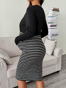 SHEIN 孕婦哺乳條紋拼色休閒日常夏季秋季洋裝 - 黑色 - 查看 3