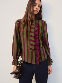 Nöista Olive And Burgundy Striped Blouse With A Tie Neck And Ruffle Trim.  Elegant Blouse Office Wear, Formal Occasions,Day-To-Night,Fall, Autumn, Winter. - Green - View 3