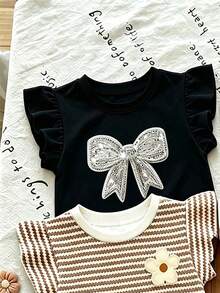 Souflis Souflis 1 Pc Random, , Bohemian Floral, Brown Striped, 3D Bow Pattern, Young Girl Casual Simple Versatile Round Neck Cap Sleeve T-Shirt, Suitable For Spring/Summer Daily Wear, Travel, Vacation - Multicolor - View 4