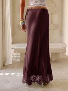 Aloruh Women's Lace Patchwork Casual Versatile Daily Skirt - Burgundy - View 2