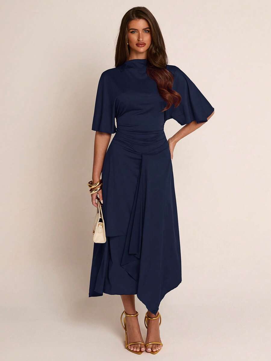 SHEIN BAE Autumn Solid Navy Blue Semi-High Neck Cape Sleeve Cinched Waist Asymmetrical Hem Mid-Length Women's Dress Elegant Bachelorette Party Wedding - Navy Blue - View 1