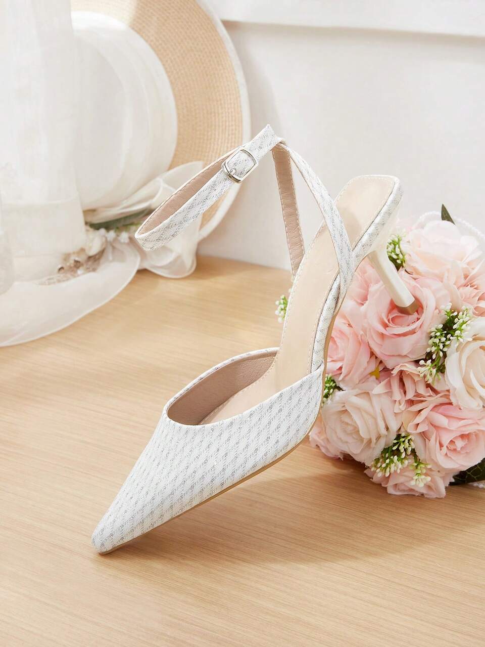 CUCCOO HITCHD Spring And Summer Bright Silk Rhombus Buckle Pointed Toe Thin Heel High Heel Elegant Mesh Slingback Sandals Commuting Shopping Party Fall Shoes