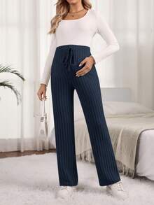SHEIN Pantalones de pierna recta de unicolor versátiles y casuales para maternidad - Azul Marino - Ver 6
