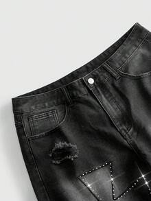 ROMWE MEN Goth 男士水洗做舊寬鬆休閒直筒百搭牛仔短褲 - 黑色 - 查看 3