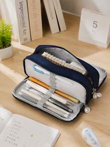 Japanese & Korean Style, Macaron Colors, Unisex, Transformable, Large Capacity, Upgraded Pencil Case/Box, New Model, Pen Holder, Stationery Pouch, Student Pencil Bag, Storage Pouch, Minimalist Storage Pouch. - navy blue - View 7