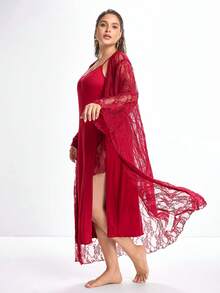 Slumbrini Elegant Lace Sheer Robe & Slit Cami Nightgown Plus Size Sleepwear Set For Women - Red - View 7
