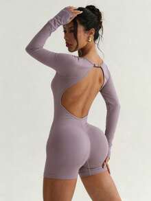 SHEIN Sports 女款素色插肩袖長袖露背運動連身短褲 - 灰色 - 查看 2
