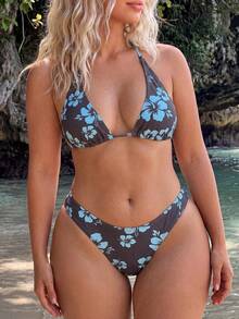 Swim Mod Plus Size Women Summer Beach Floral Print Halter Tie Sexy Bikini And Triangle Bottom Two-Piece Swimsuit Set - Multicolor - View 4