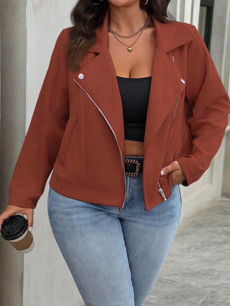 SHEIN LUNE Plus Size Autumn Casual Solid Color Cropped Jacket Fall - Coral Orange - View 1