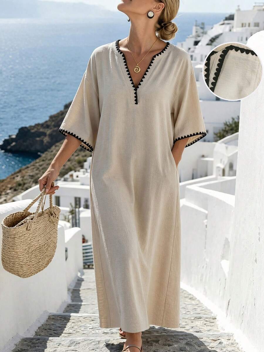 Linhara CURVE Plus-Size Women's Elegant Casual Contrast-Color Loose Long V-Neck Dress, Suitable For Commuting, Parties, Vacations, And Other Occasions Fall - Apricot - View 1