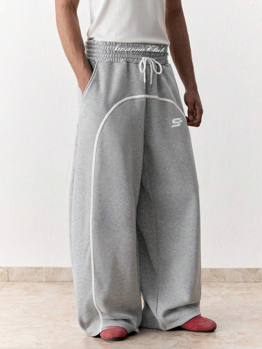 SWAVVY Men's Casual Loose Long Sweatpants, Grey, Standard Size, Rubber Print, Double Waistband With Woven Tape Trim, Spring/Autumn - Grey - View 1