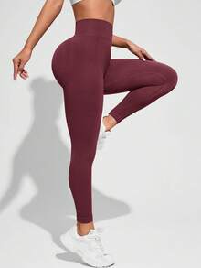 Easithlete Easithlete 女款純色高腰提臀修身無縫運動緊身褲，適用健身房、單車、皮拉提斯 - 酒紅色 - 查看 3
