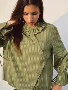 Nöista Green And Olive Striped Blouse With Ruffled Collar. Fall, Office Wear And Everyday Style. - Green - View 5