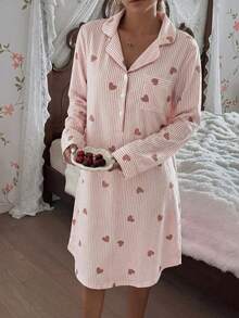 CottageSlumber Collared Striped Heart Print Cute Long Sleeve Women Nightgown - Multicolor - View 1