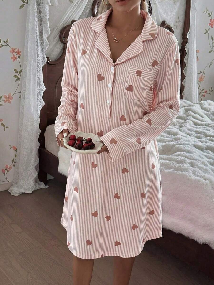 CottageSlumber Collared Striped Heart Print Cute Long Sleeve Women Nightgown - Multicolor - View 1