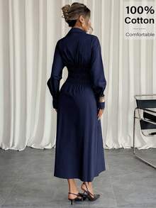 Siren Gaze Women's Elegant Commute Solid Color Front Button Long Dress - Navy Blue - View 5
