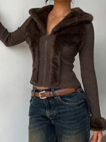 Aloruh Women's Autumn/Winter Faux Fur Patchwork Design Fur Collar Y2K New Retro Street Fashion Jacket - Coffee Brown - View 5