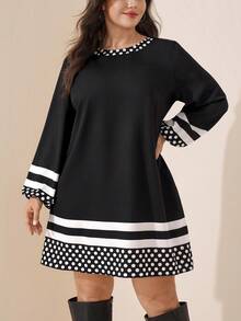 Comfylo Loose Long Sleeve Mid-Length Black Print Plus Size Dress Office Formal Evening Autumn Elegant - Black - View 4