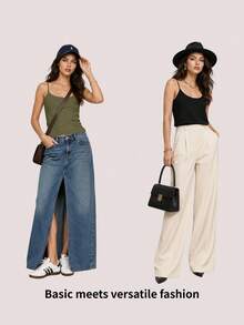 SHEIN BASICS 1件女款純色修身休閒細肩帶背心上衣 白色上衣 - 軍綠色 - 查看 15