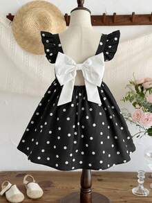 SHEIN LMoss Kids 女童小女孩編織波點方領荷葉邊露背蝴蝶結休閒洋裝 黑色 夏季 - 黑與白 - 查看 3