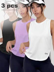 Velisys Velisys 3 件套女士休闲百搭简约字母图案运动背心，夏季无袖健身上衣，女士运动上衣，女士运动服上衣 - 彩色 - 查看 4
