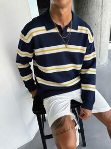 Manfinity LEGND Men's Colorblock Striped Pattern Casual Versatile Daily Wear Sweater, Old Money - Blue - View 1