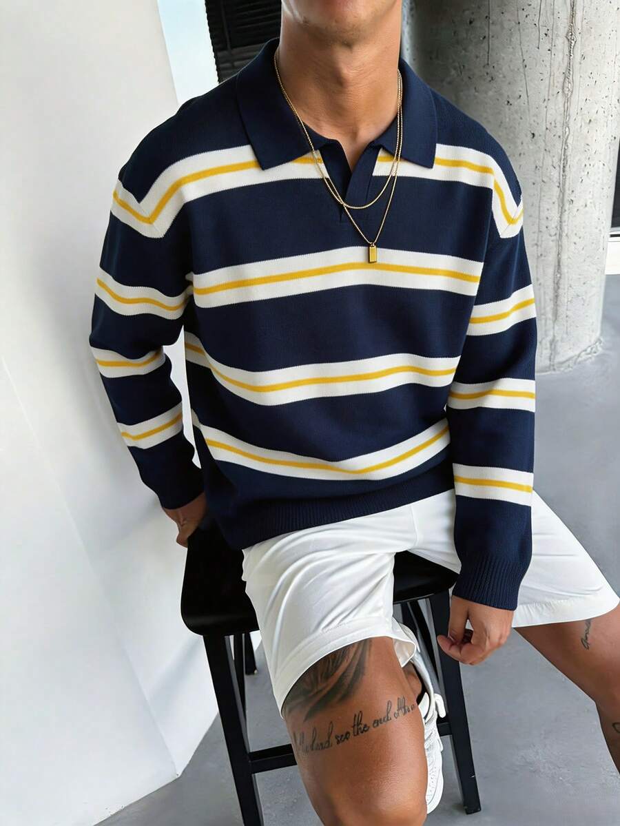 Manfinity LEGND Men's Colorblock Striped Pattern Casual Versatile Daily Wear Sweater, Old Money - Blue - View 1