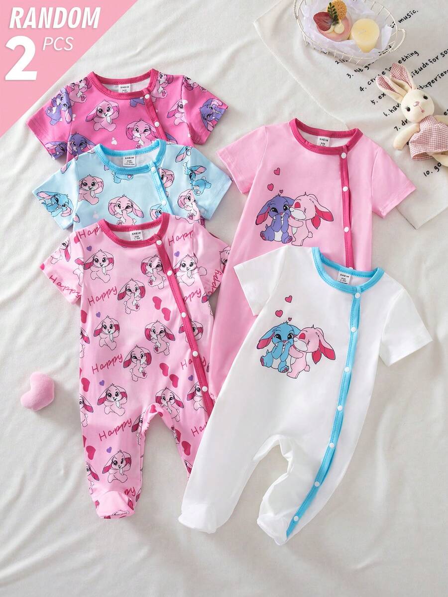 SHEIN 2件套新生儿柔软舒适连体睡衣,爱心和花朵印花,短袖连脚设计 - 彩色 - 查看 1