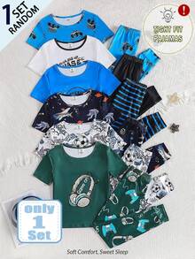 [Random 1 Set]Tight Fit Pajama Tween Boys Set, Fashion Sports Soccer Print, Casual Comfortable Tight-Fitting Glow-In-The-Dark Home Sleepwear, Short Sleeve Long Pants 2-Piece Set - Multicolor - View 1