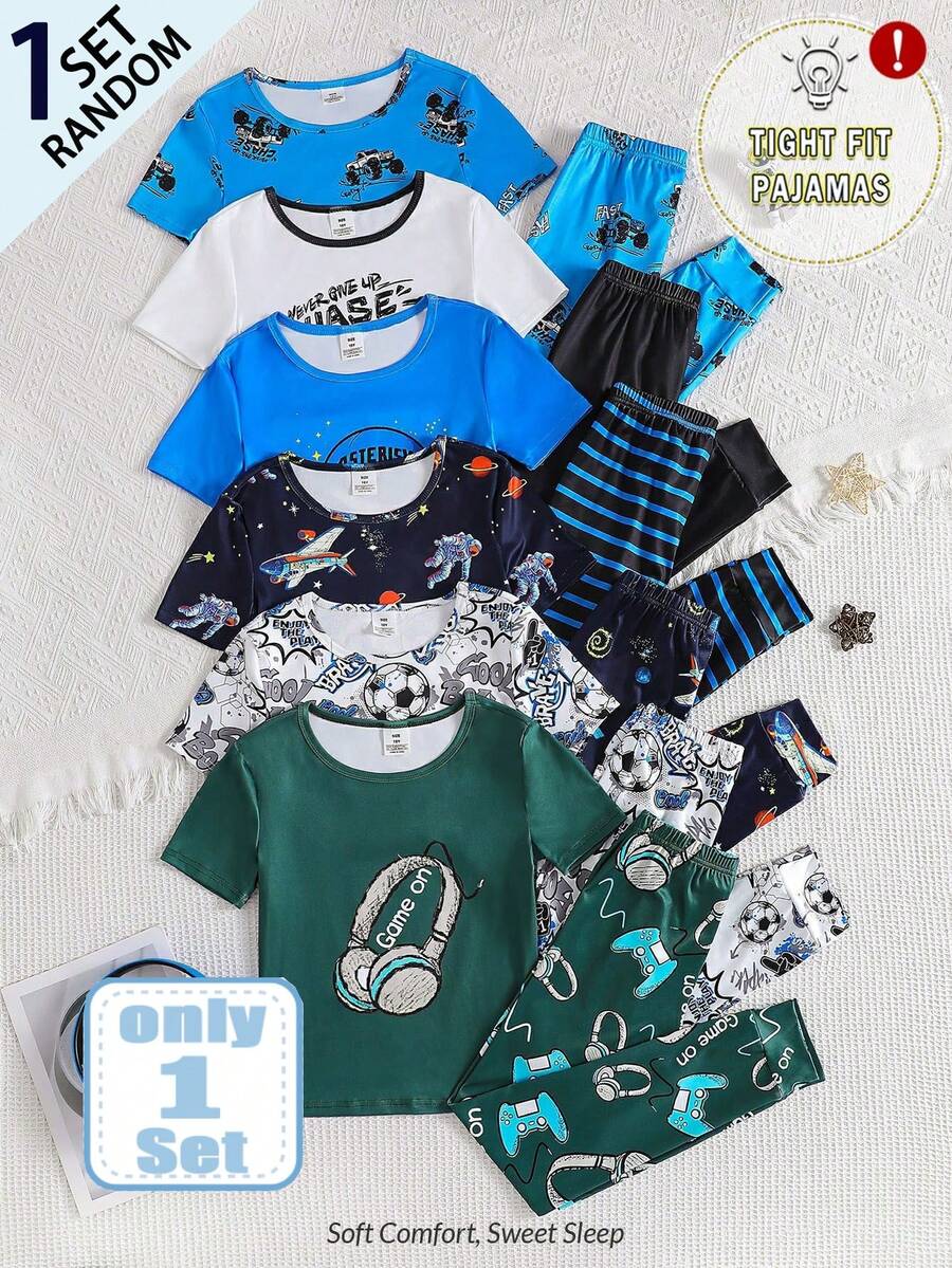 [Random 1 Set]Tight Fit Pajama Tween Boys Set, Fashion Sports Soccer Print, Casual Comfortable Tight-Fitting Glow-In-The-Dark Home Sleepwear, Short Sleeve Long Pants 2-Piece Set - Multicolor - View 1