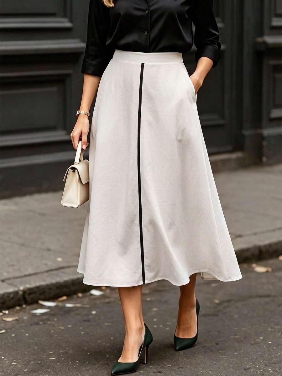 Offisola Women's Minimalist Elegant High Waist Umbrella Hem Long Skirt With Color Block Patchwork And Slanted Pockets, Suitable For Commuting And Daily Wear, Mom Style - Apricot - View 1