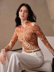 Anewsta Women's Spring/Summer Brown Tone Cashew Flower & Polka Dot Patchwork Slim Fit Sheer Mesh Long Sleeve T-Shirt, Commute, Date, Daily Layering Inner Top - Brown - View 6