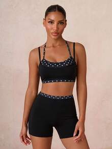 Lumalex 2pcs Comfortable Fabric & Fashion Design Sexy Minimalist Solid Color Patchwork Polka Dot Fabric Sports Tank Top And Shorts, Designed For Women, Suitable For Airport Outfits And Gym Workouts, Slim Fit Style To Showcase Women's Body, Ideal Choice For Women's Gym Workouts - Black and White - View 8