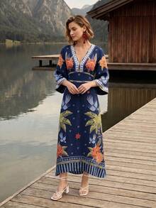 CAJUNI 女款度假風金剛鸚鵡與棕櫚樹刺繡洋裝 - 藏蓝色 - 查看 6