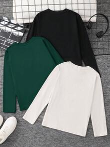 SHEIN 兒童 3件組青少年男孩休閒圖案T恤 黑白綠色 適合學校日常休閒外出 適合運動 適合秋冬 - 彩色 - 查看 2