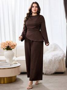 Modelyn طقم نسائي مقاس كبير بلون موحد، ملابس علوية بأكمام طويلة وبنطال واسع الساق، كاجوال للاستخدام اليومي، 2 قطعة - قهوة بني - مشاهدة 6