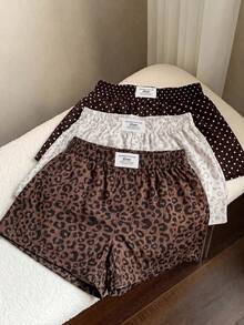 SHEIN EZwear 大尺碼女款豹紋牛仔休閒日常短褲3件組 - 棕色 - 查看 1