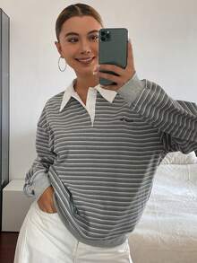 DAZY Women's Letter Embroidered Contrast Grey Polo Collar Loose Long Sleeve Casual Preppy Street Vacation Spring Autumn Sweatshirt School - Grey - View 3