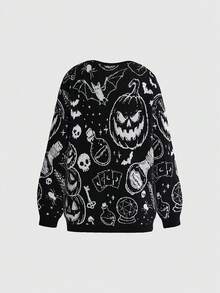 ROMWE Dark Gothic Black Cat Skull Star Moon Snake Jacquard Loose Fit Plus Size Pullover Sweater Halloween Women Fall Winter Sweater - Black - View 2