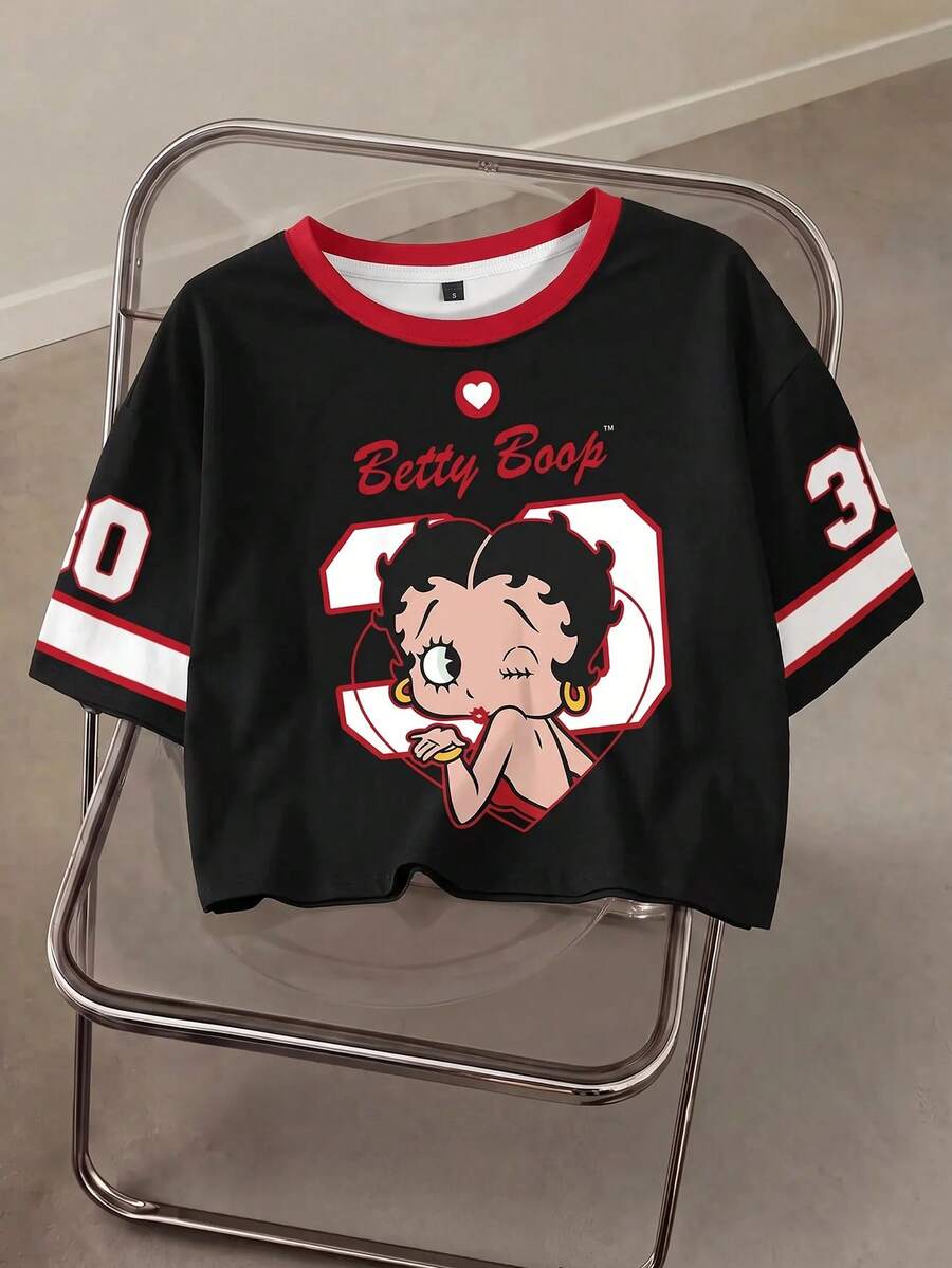 Betty Boop x SHEIN X 女士休闲印花圆领短袖露脐T恤 - 白色 - 查看 1