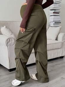 SHEIN Maternity Solid Color Adjustable Waist Pleated Loose Cargo Pants Fall - Green - View 2