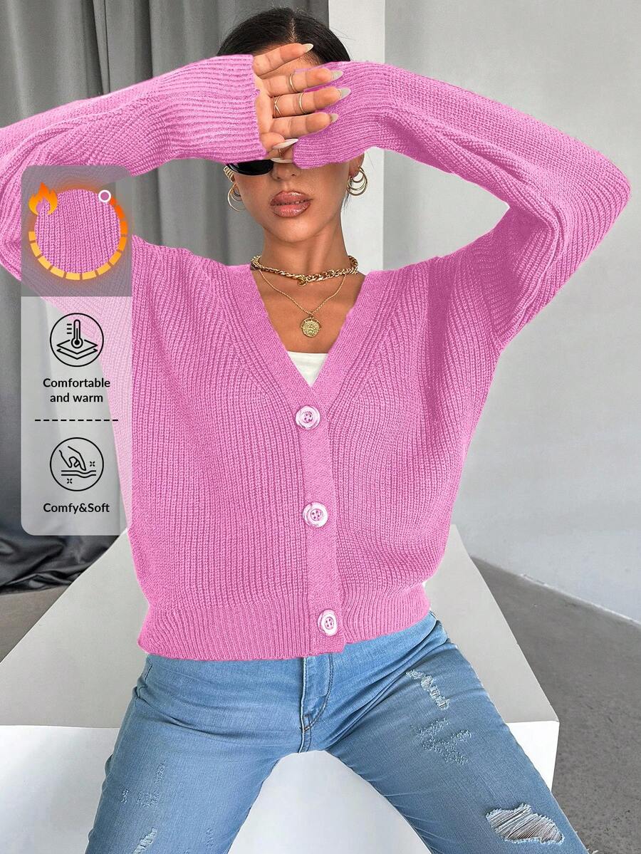 EURMUSE Women's Solid Color Drop Shoulder Cardigan - Hot Pink - View 1