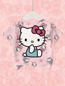 HELLO KITTY AND FRIENDS | SHEIN 少女可爱卡通星星字母印花短袖T恤，休闲日常通勤 - 白色 - 查看 1