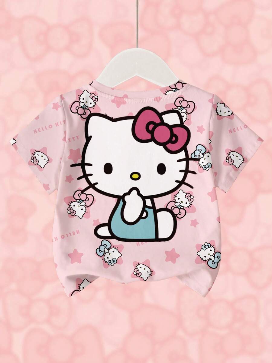 HELLO KITTY AND FRIENDS | SHEIN 少女可爱卡通星星字母印花短袖T恤,休闲日常通勤 - 白色 - 查看 1
