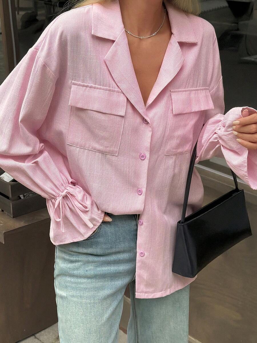DAZY Women's Striped Flare Sleeve Loose Casual Blouse - Pink - View 1