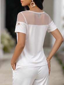 SHEIN Lady Kaos Wanita Lengan Pendek Elegan Musim Panas dengan Aplikasi Jala Kontras - Putih - View 2