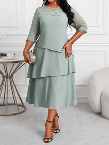 SHEIN Lady Plus Size Elegant Party Solid Color Lace Patchwork Dress - Green - View 5