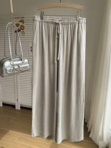 Comfortcana Spring/Summer Vacation Style Beige Apricot Linen Casual Plus Size Women's Striped Pants Fall - Beige - View 3
